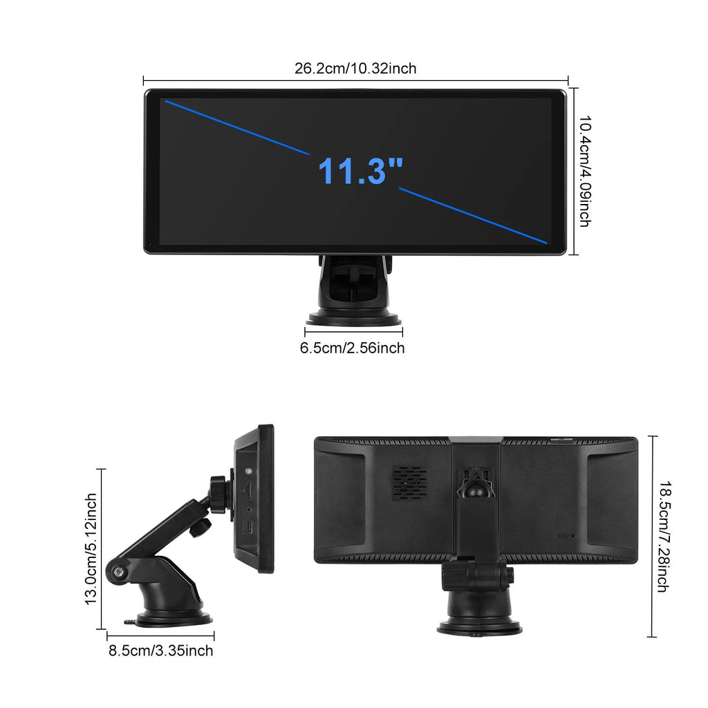 11.3 inch Android car display touchscreen with wireless CarPlay and Android Auto on dashboard