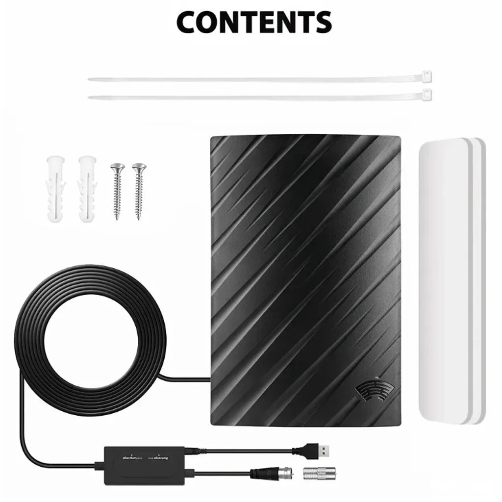 Black plastic indoor digital television antenna with mounting accessories on a white background.