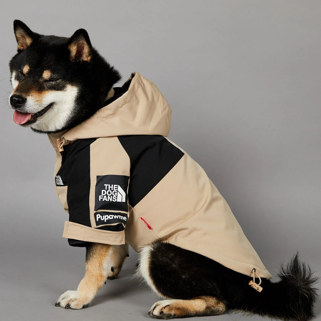 Khaki coloured polyester dog shell jacket laid flat, showing simple coat design for sizes S to 5XL.