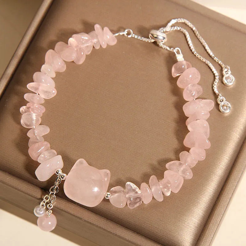 Crystal gravel kitten bracelet for women in pink crystal stone beads, light luxury style
