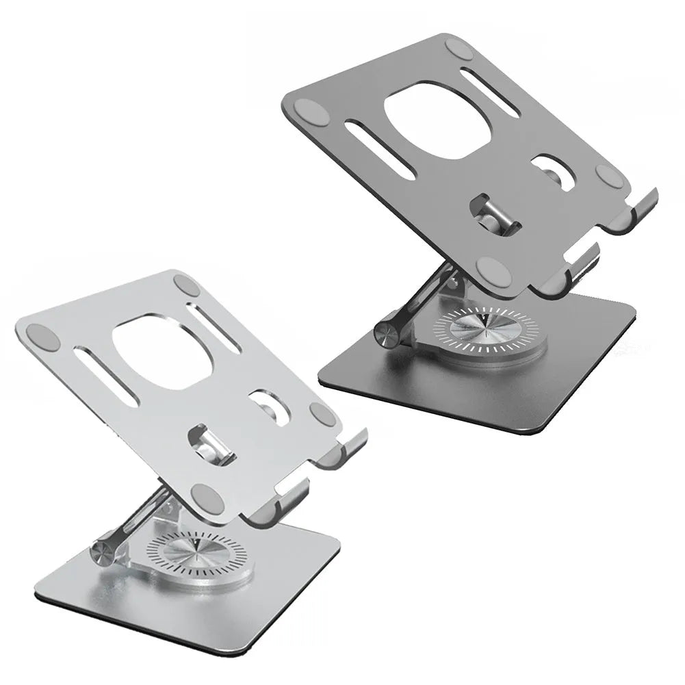 Rotating tablet stand with adjustable height mechanism in technology silver colour showing aluminium plate and silicone grips