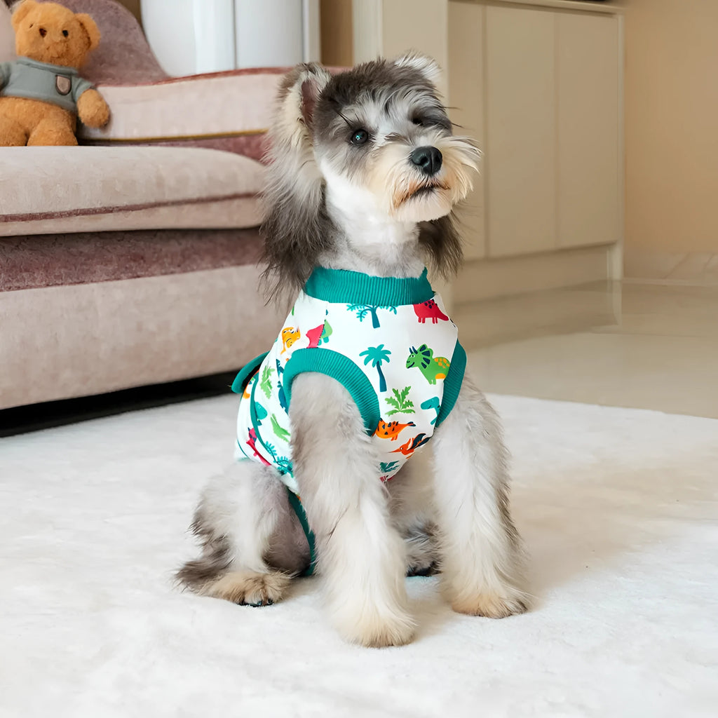 Universal pet recovery suit in black, side view showing snug fit for dogs and cats