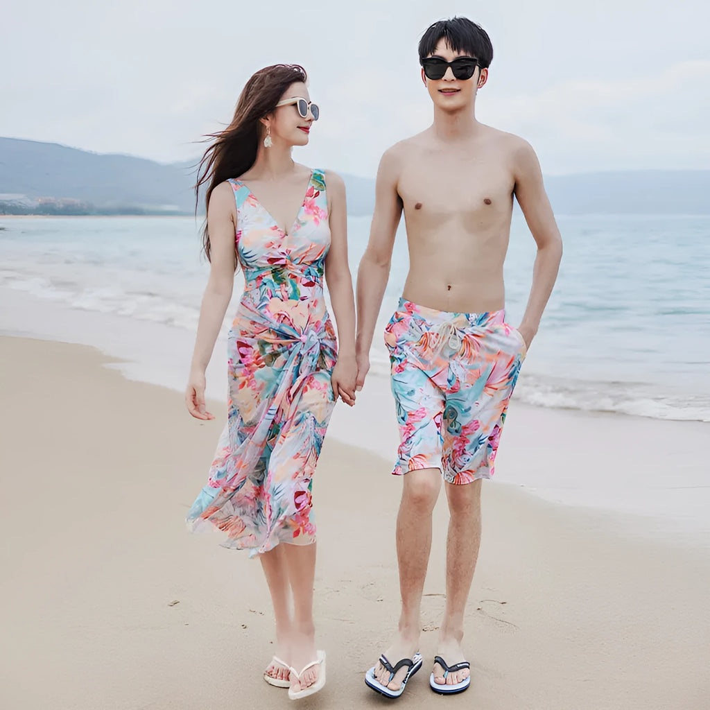 Women's conservative one-piece swimsuit with skirt in chemical fibre blend, backless pattern, polyester and spandex