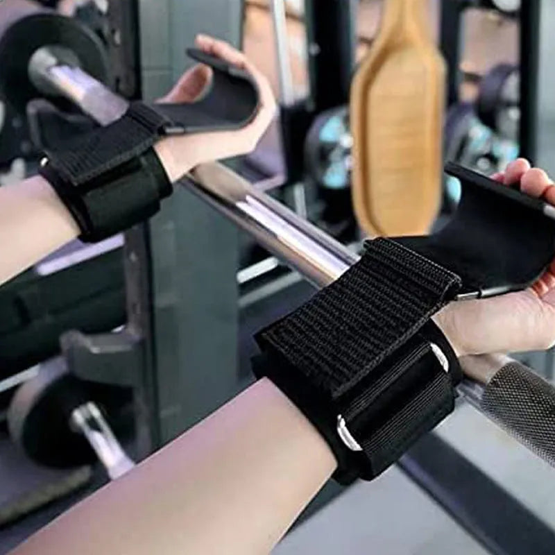Black fitness grip hook wrist band pair for pull-up assistance and horizontal bar workouts