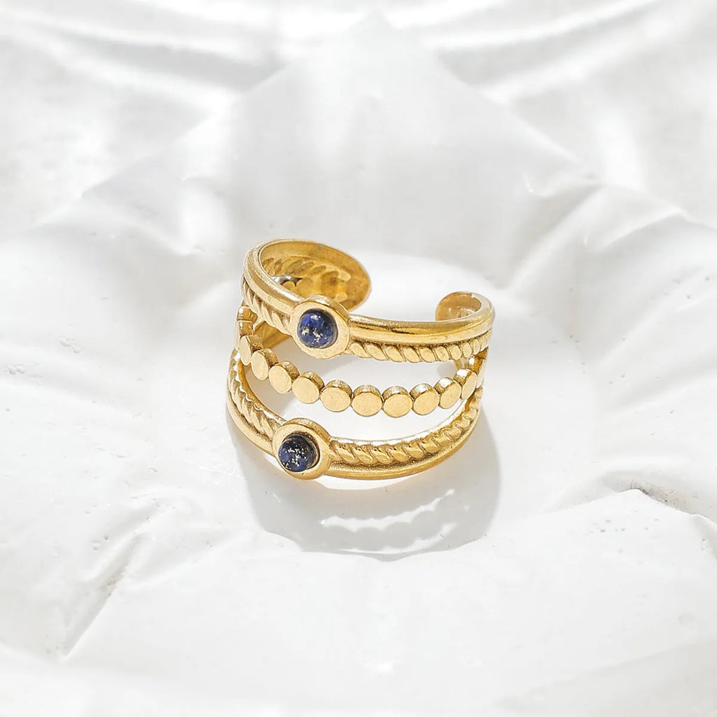 Natural stone multi-layer open ring in 304 stainless steel with gold plating, adjustable size, pink colour, geometric palace style