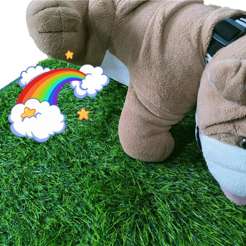 Green washable dog grass pee training mat with realistic lawn texture on a patio.