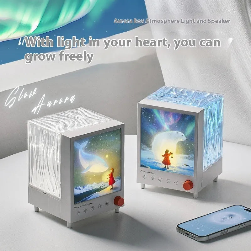 Aurora Treasure Box atmosphere projection lamp showing Star Sea Whale coloured light on a surface.