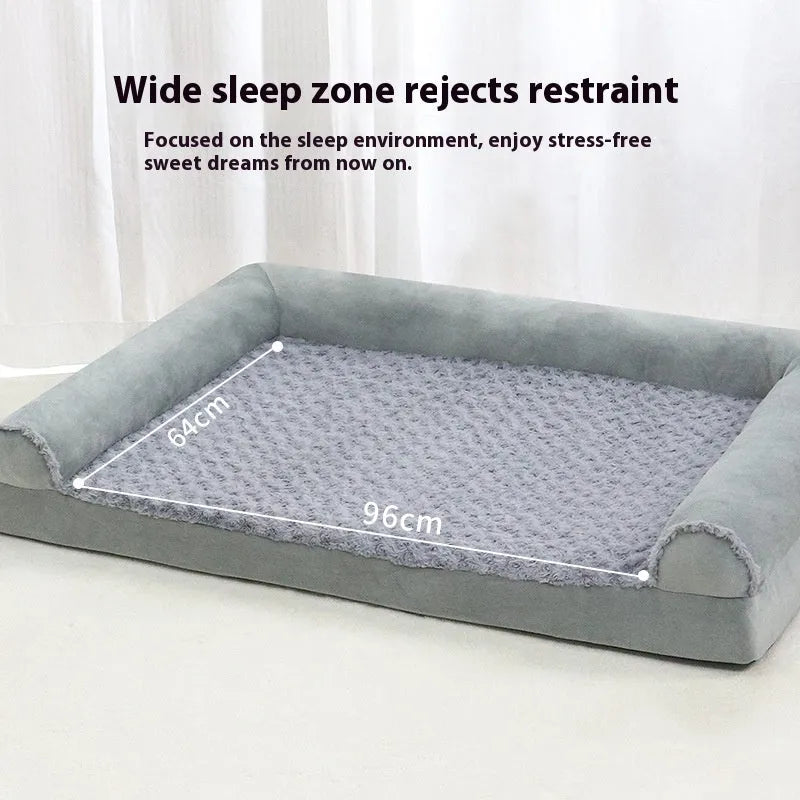 Grey soft-sided dog kennel bed with raised edges, shown in a home setting.