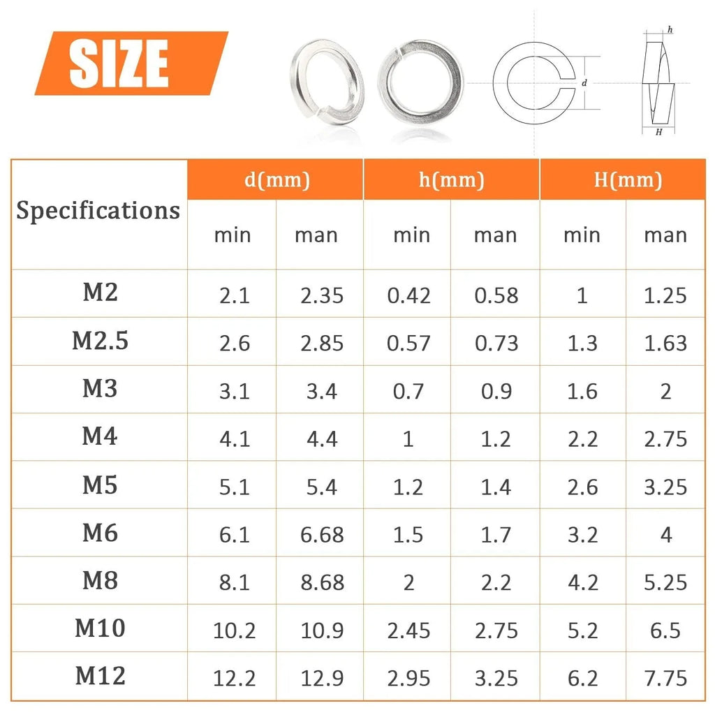 Open box showing assortment of 304 stainless steel spring lock washers in various sizes from 2mm to 12mm.