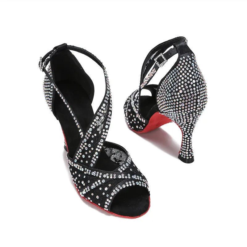 Women's diamond-embroidered Latin dance shoes with mesh upper, black heel 7.5cm, sizes 34-43