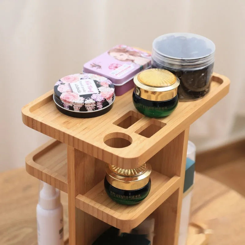 Bamboo rotary storage rack with multiple shelves showing 18 litre capacity