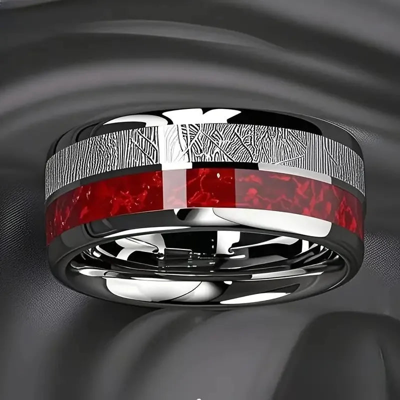 Two-tone silver red stainless steel ring with textured surface on white background