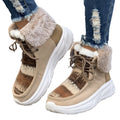 Women's beige lace-up suede snow boots with fuzzy lining and a thick non-slip rubber sole.