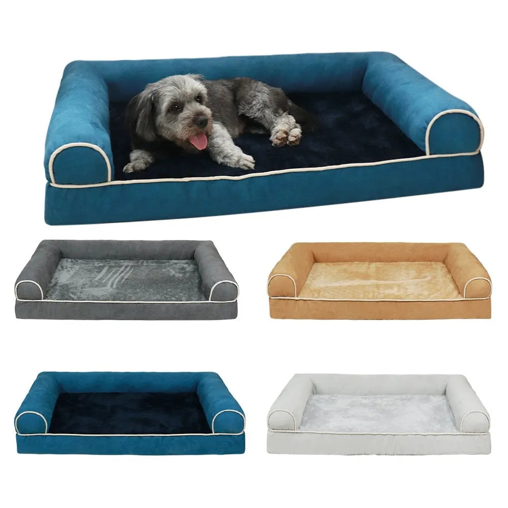 Square dark grey dog bed with breathable sponge insert and removable cloth cover on a wooden floor.
