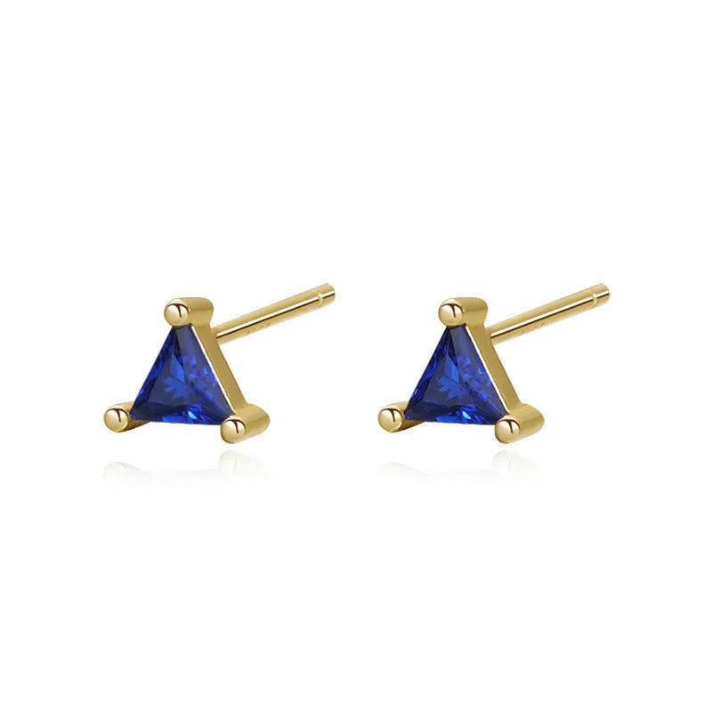925 sterling silver colour geometric triangle stud earrings with zircon, yellow gold dark blue, 1 pair
