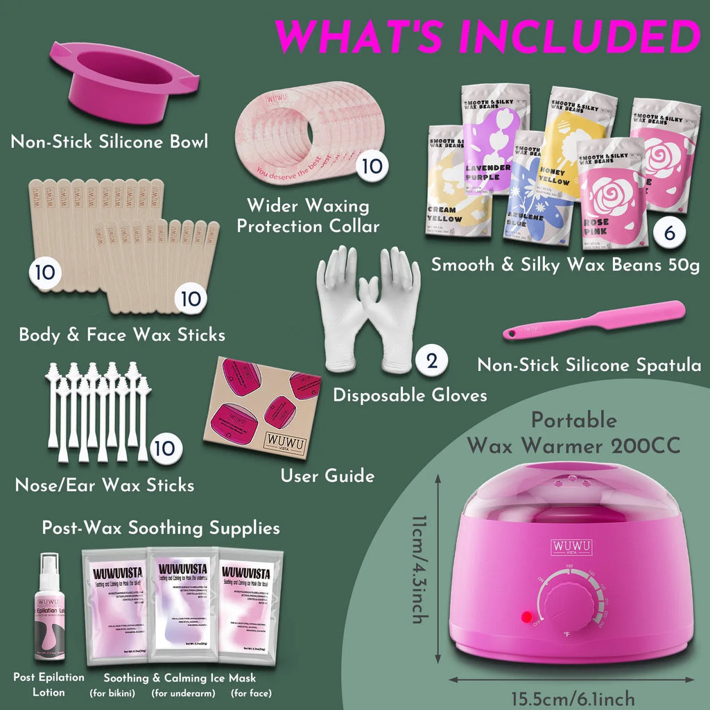 WUWUVISTA 56-piece professional waxing kit with black wax warmer, wax beads, applicators, and aftercare products