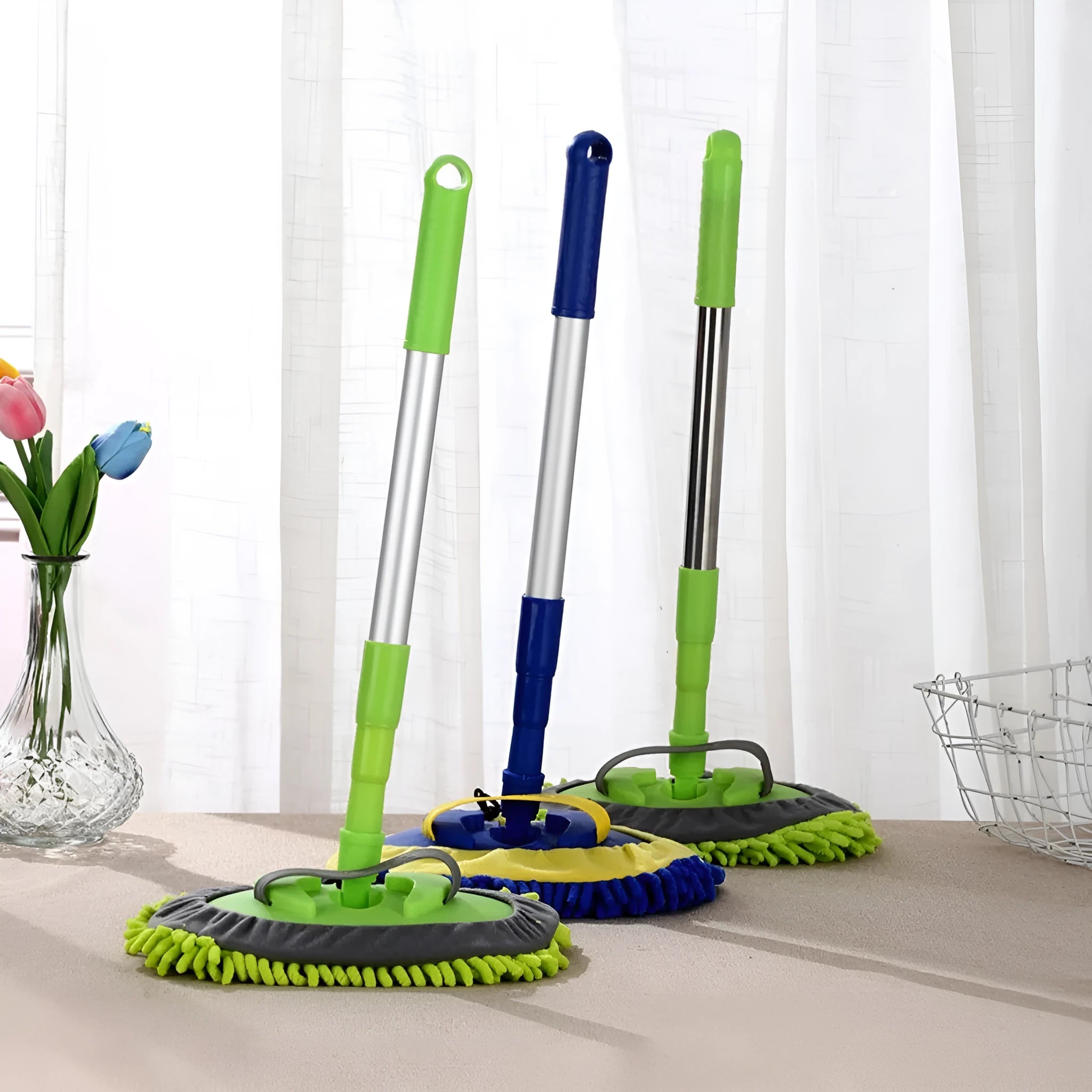 Three sections aluminum alloy expansion link car mop with green cotton head cloth for washing a car