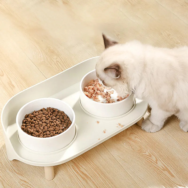 Green and white tilted pet feeder with two bowls for cats and dogs on a non-slip base.