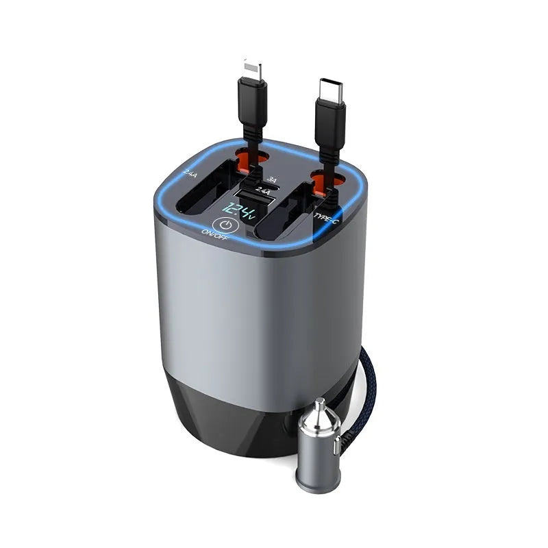 Gun grey matte black cup holder car charger with retractable cable showing multiple USB and Type-C charging ports