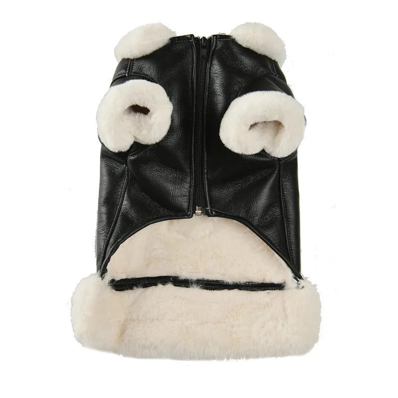 Leather dog winter jacket in black and brown colours with vest style option