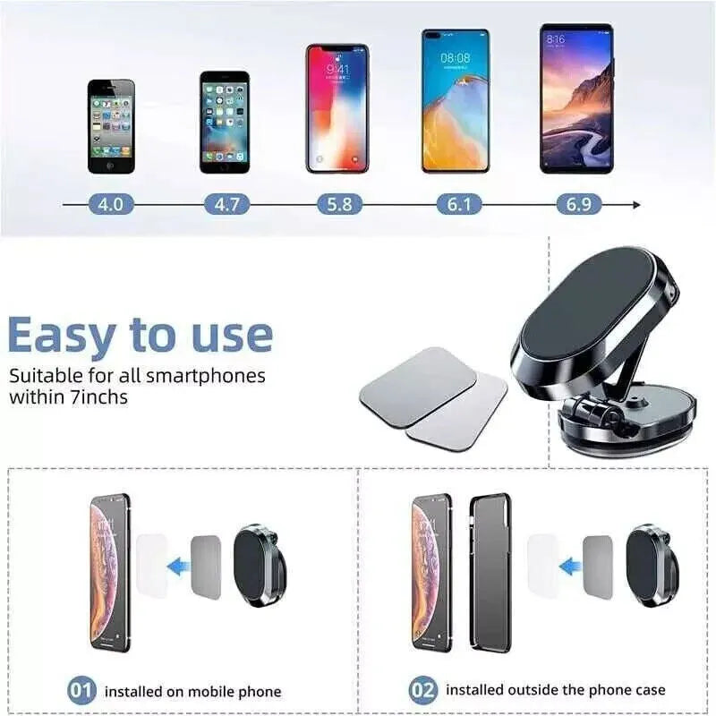Chrome magnetic car phone holder with foldable bracket and 360-degree swivel on a car dashboard