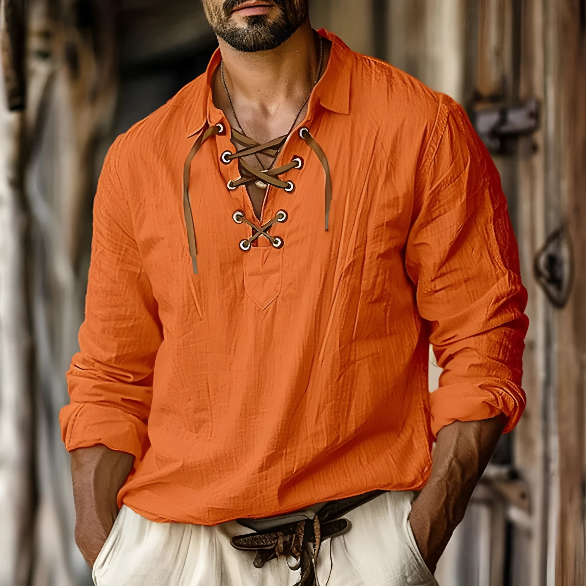 Men's plus size loose long sleeve shirt in blue with lapel collar and lace detail.