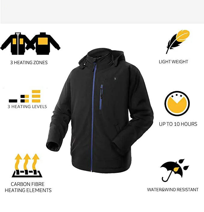 Men's black waterproof thermal coat with straight hem design and zipper pockets
