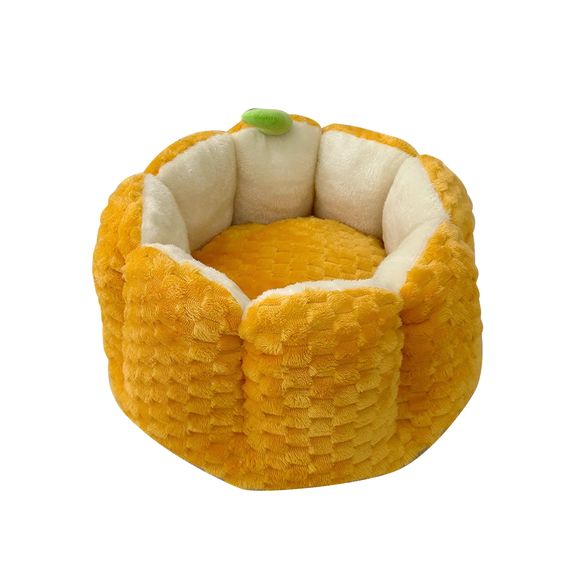 Orange pumpkin-shaped pet bed nest for cats and small dogs on a wooden floor.