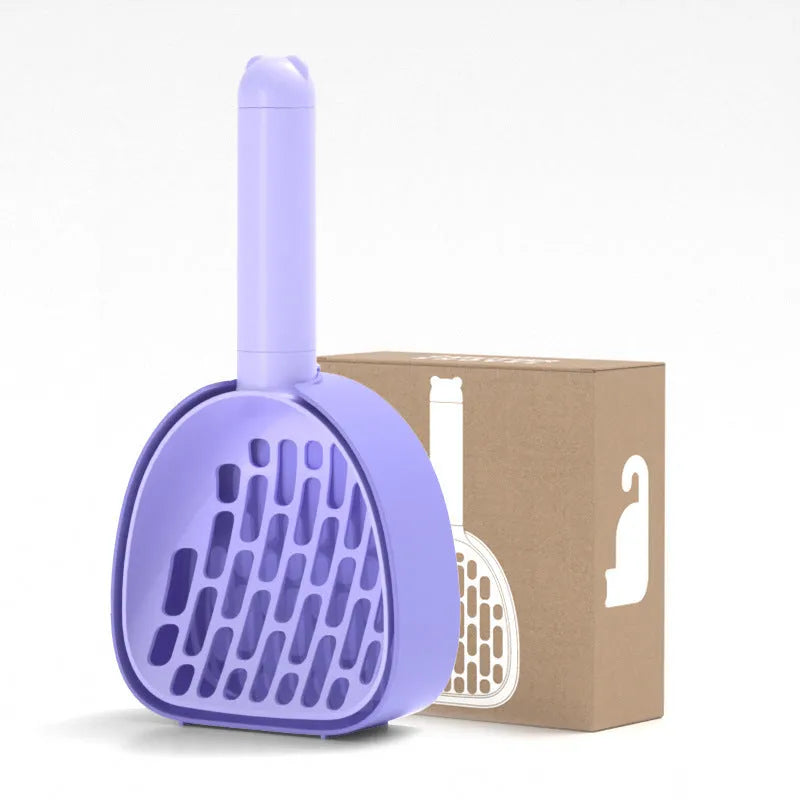 ABS plastic cat litter scoop with base featuring hidden bag storage and wall mounting capability