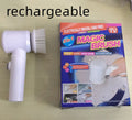 White cordless electric cleaning brush with three interchangeable nylon brush heads for bathroom and household surfaces