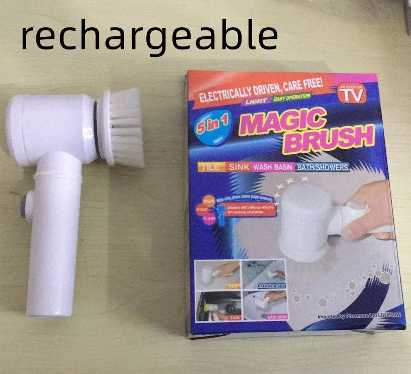 White cordless electric cleaning brush with three interchangeable nylon brush heads for bathroom and household surfaces