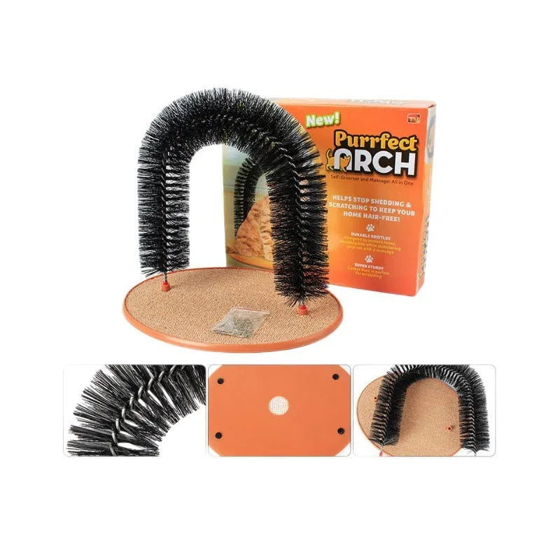 White plastic cat grooming arch with built-in brush bristles for scratching and rubbing
