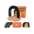 White plastic cat grooming arch with built-in brush bristles for scratching and rubbing