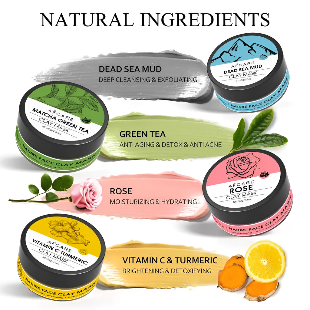 Four tube Dead Sea mud mask set with green tea, turmeric and rose clay for universal skin types