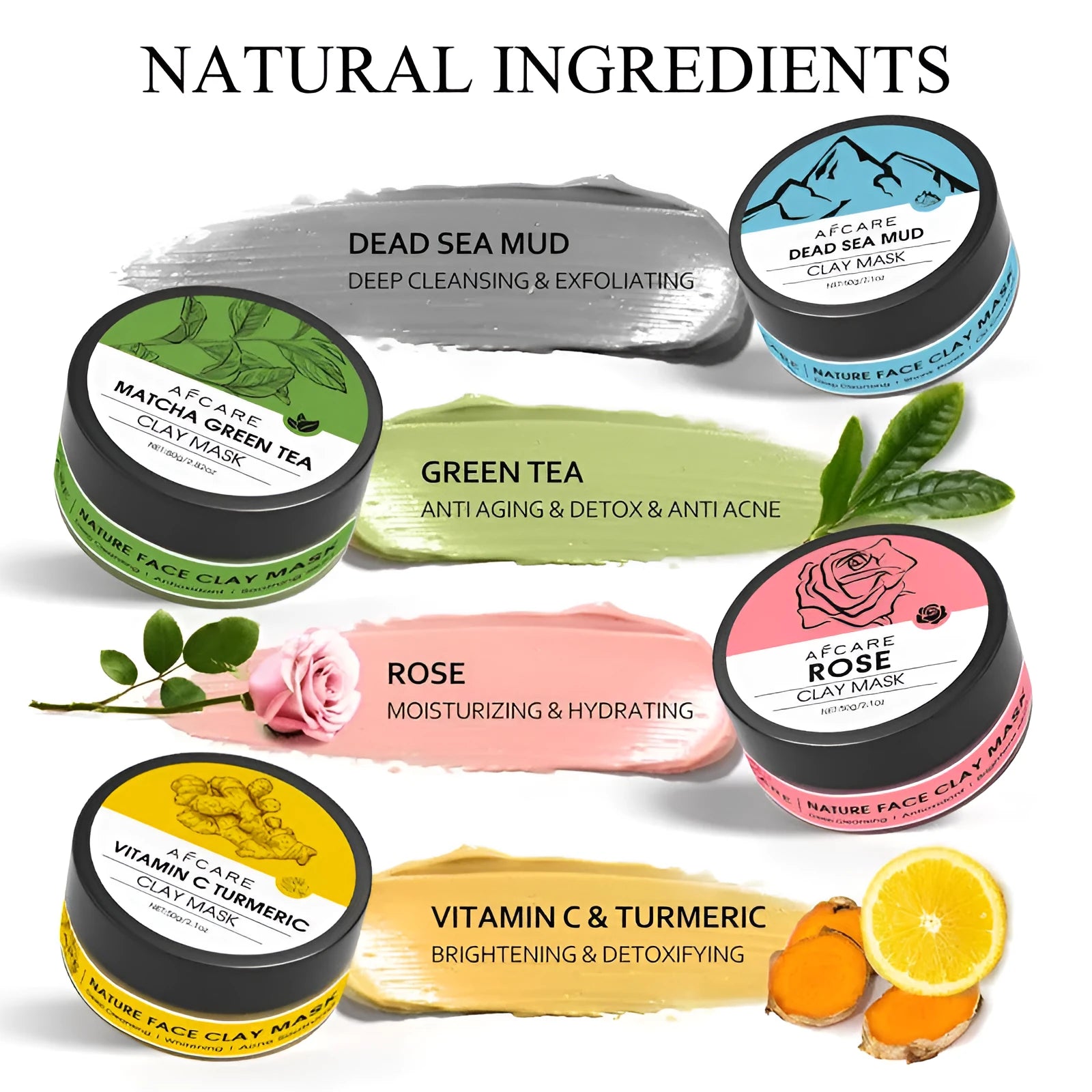 Four tube Dead Sea mud mask set with green tea, turmeric and rose clay for universal skin types