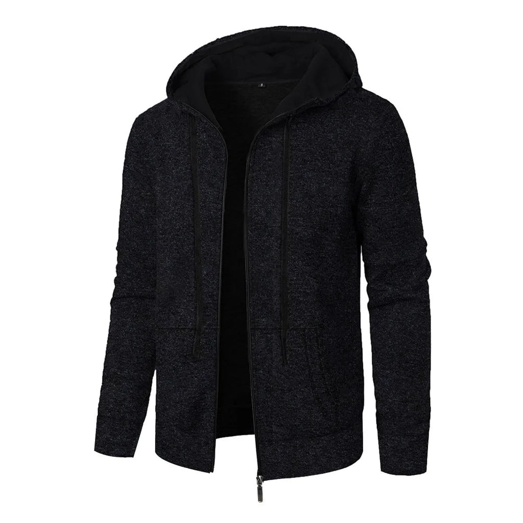 Men's solid colour jacquard hooded coat in denim blue, front view, loose fit with long sleeves