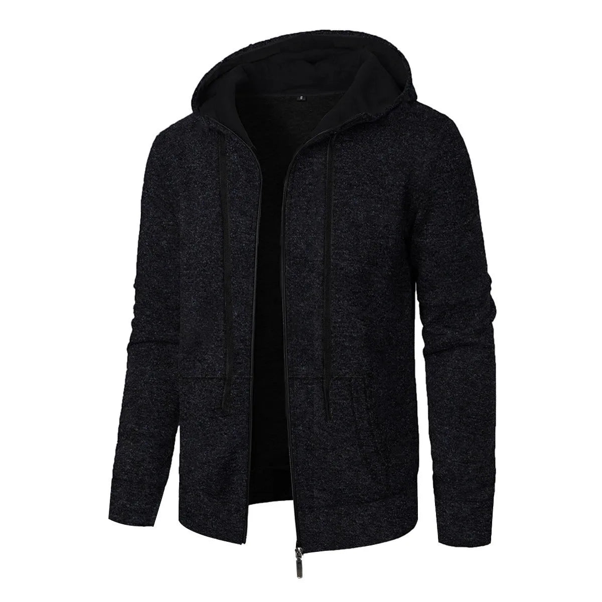 Men's solid colour jacquard hooded coat in denim blue, front view, loose fit with long sleeves