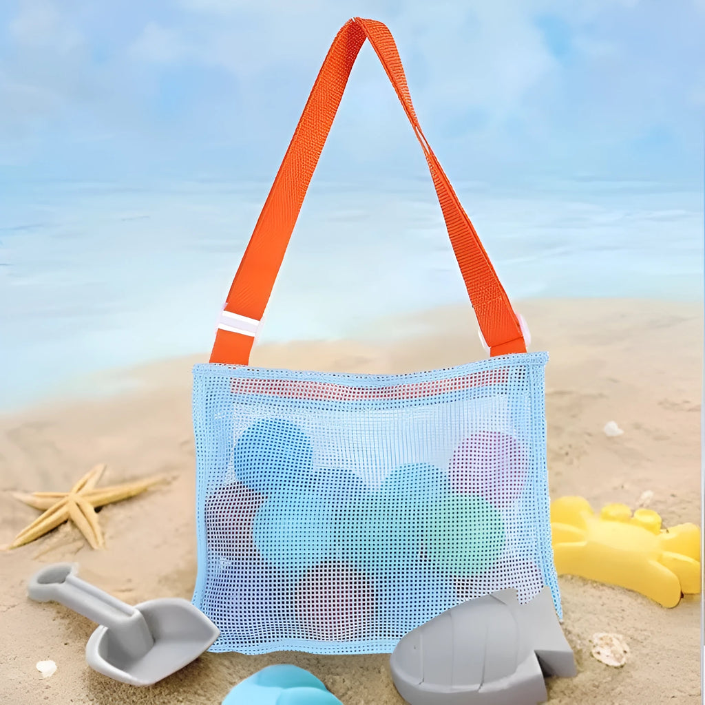 Blue nylon mesh children's storage bag with shoulder strap, shown with dimensions 20cm by 25cm by 8cm.