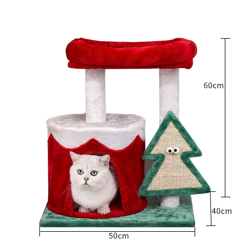 Christmas-themed cat scratching post toy with integrated play elements in density plate material