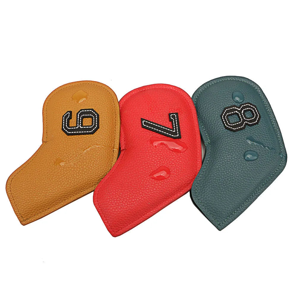 Set of 10 assorted colour PU leather golf club head covers for driver, woods and putter.
