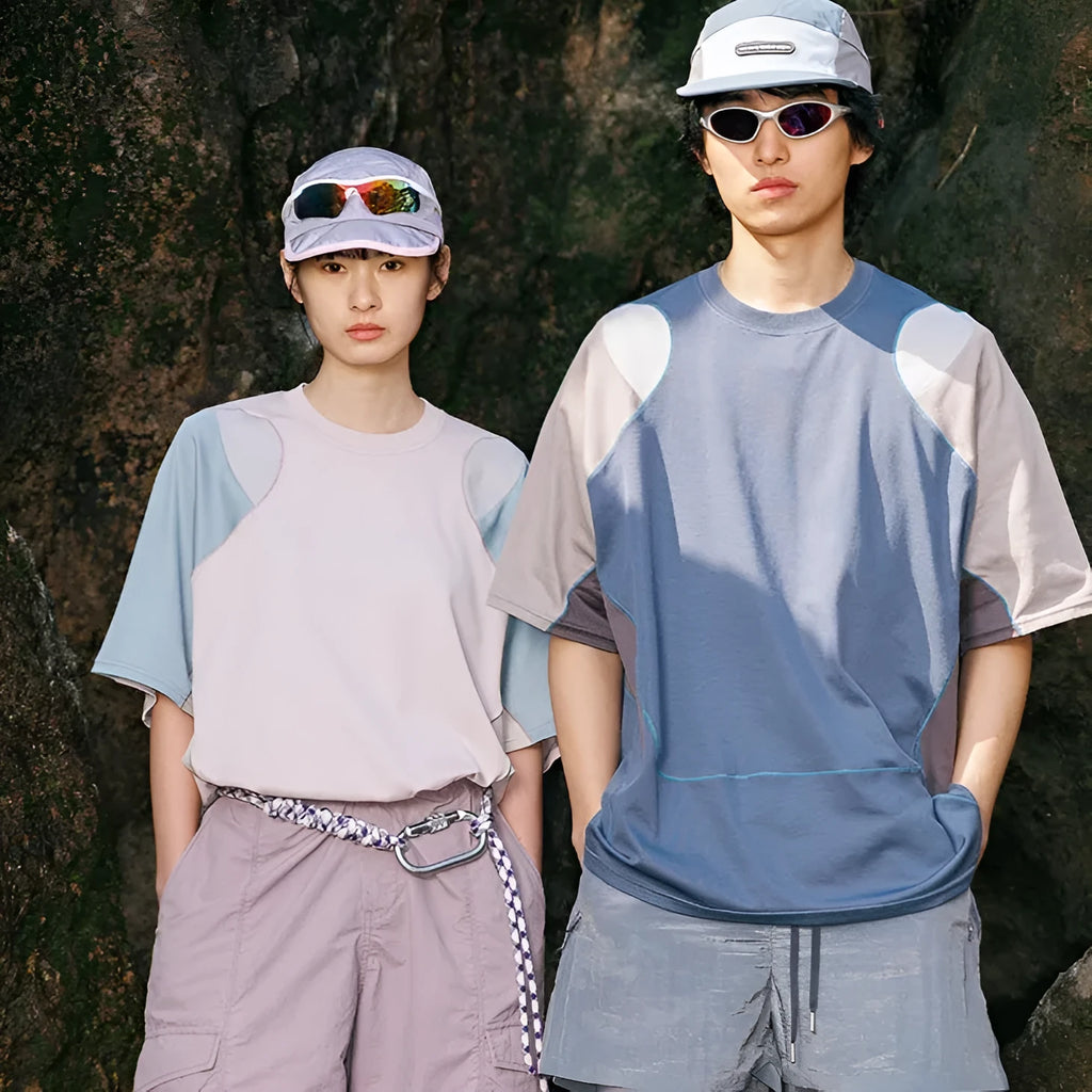 Men's loose patchwork contrast colour sports T-shirt with raglan short sleeves in cotton blend fabric