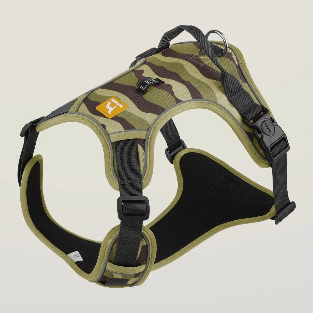 Orange reflective dog chest and back harness with an integrated hand-holding walking rope.