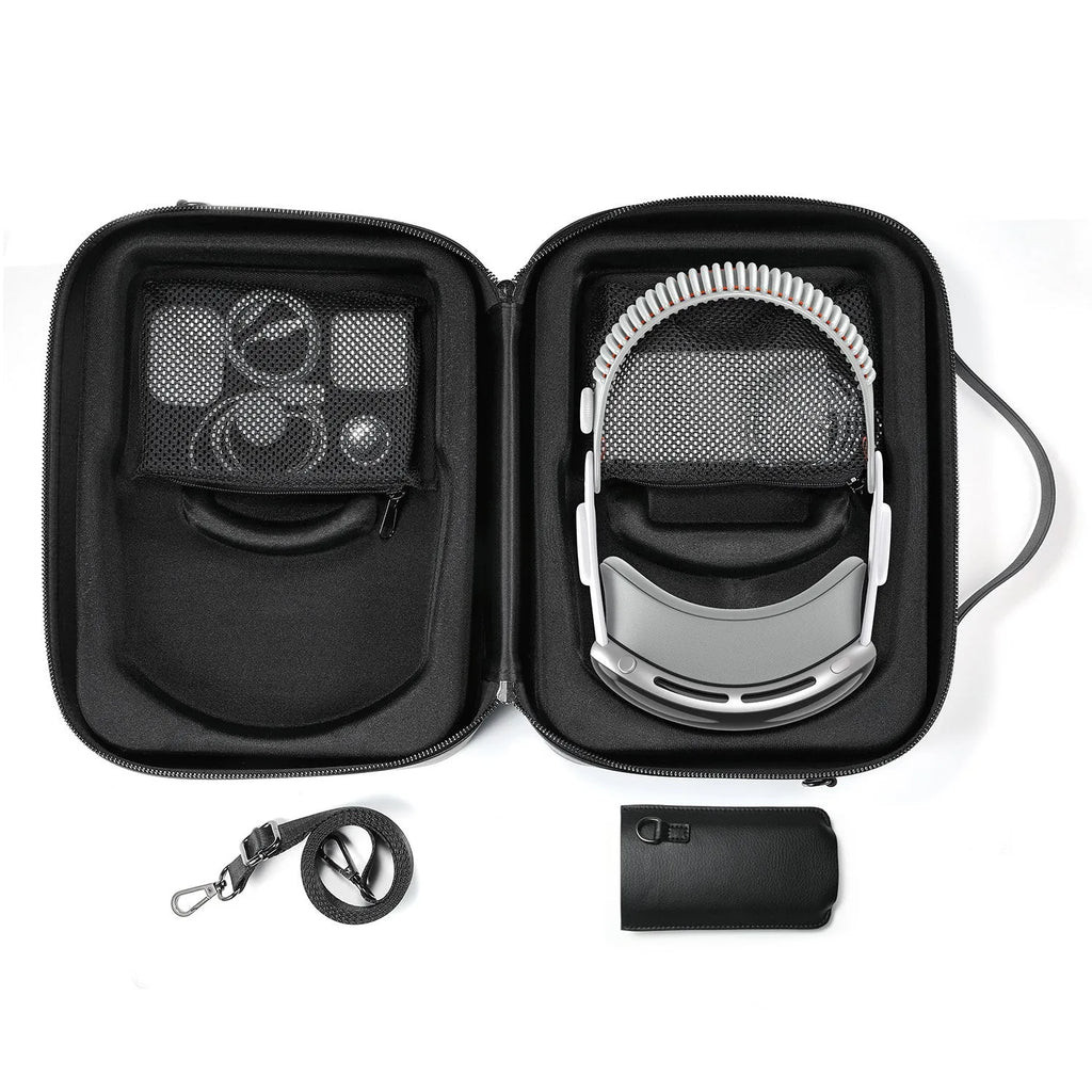 Black MR glasses storage box for Apple Vision Pro headset, showing internal space and Superfiber construction.