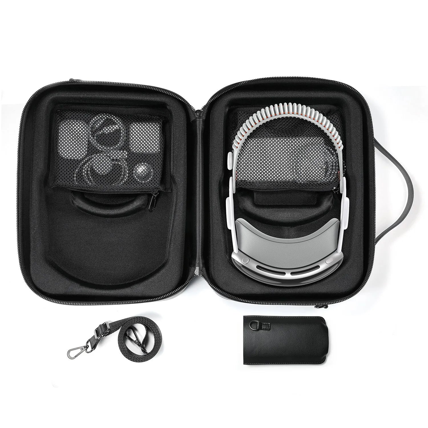 Black MR glasses storage box for Apple Vision Pro headset, showing internal space and Superfiber construction.