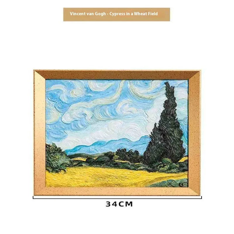 DIY paint-by-numbers kit showing canvas, acrylic paint pots, and brushes for recreating Van Gogh's Starry Night.