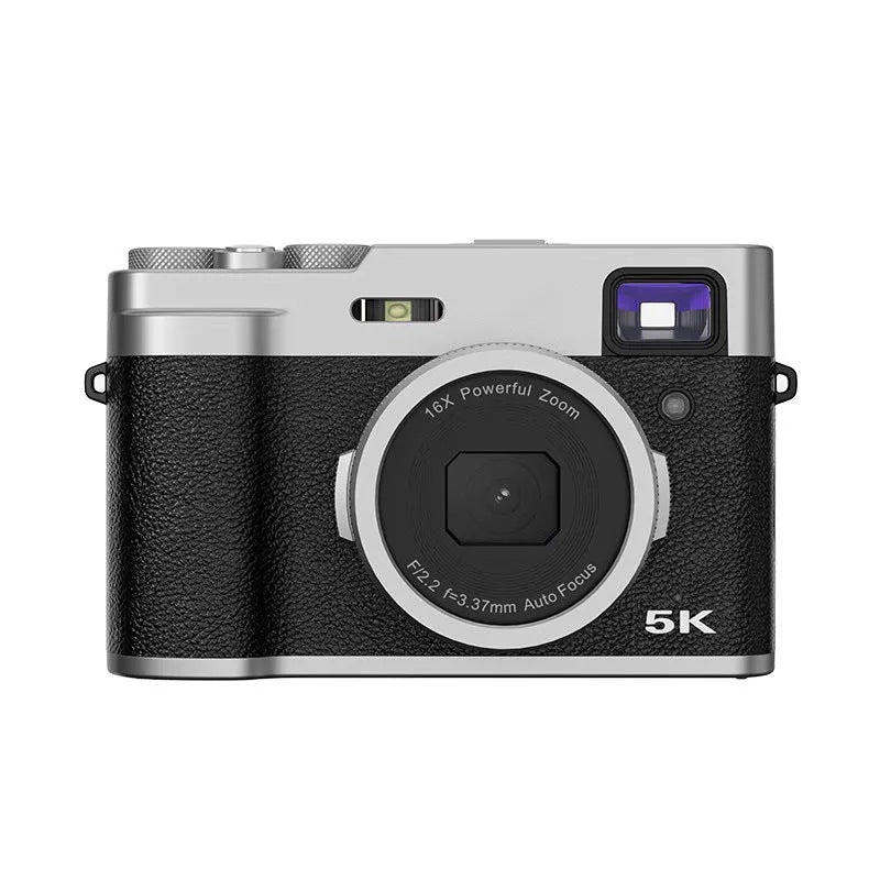 Black and brown 5K digital camera with dual lenses, a 2.88-inch screen, and an optical viewfinder on top.