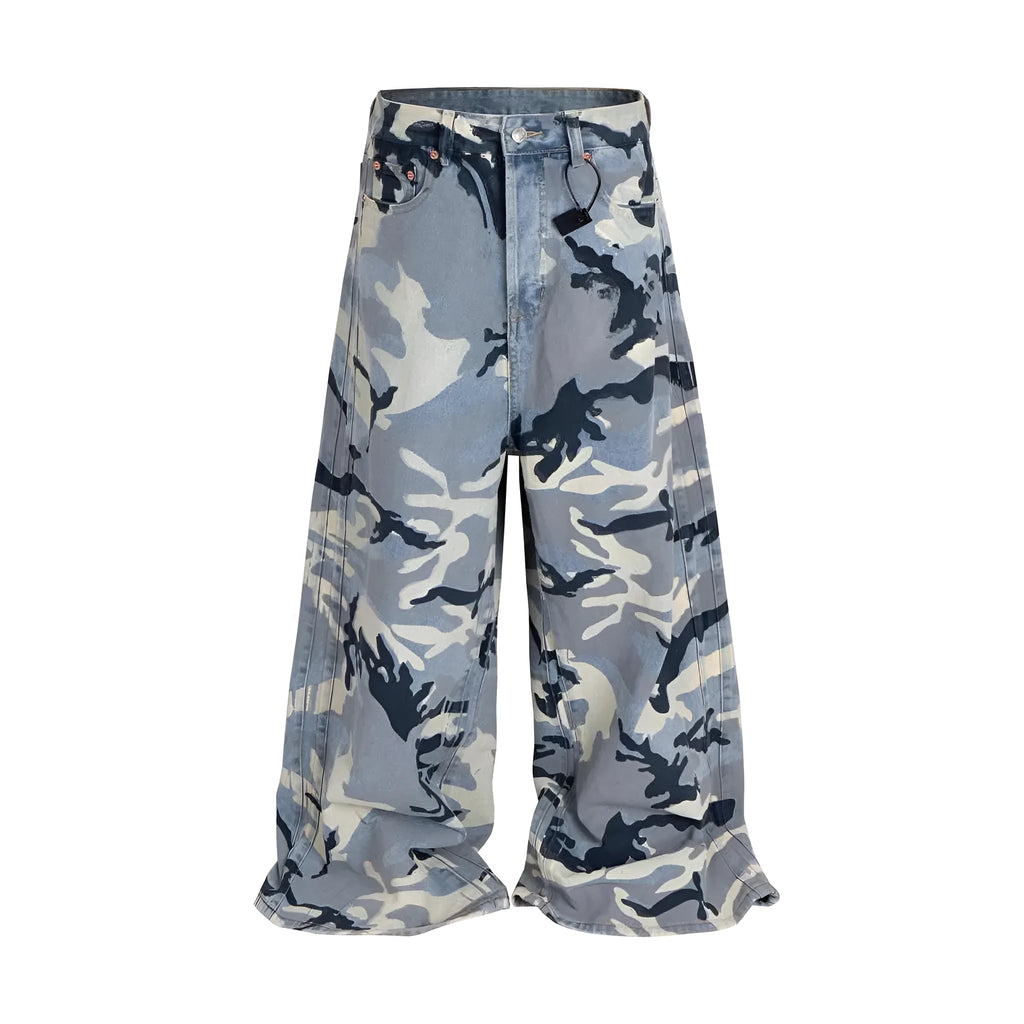 Snow camouflage blue loose fit denim jeans on a mid waist, showing the micro-elastic fabric texture.