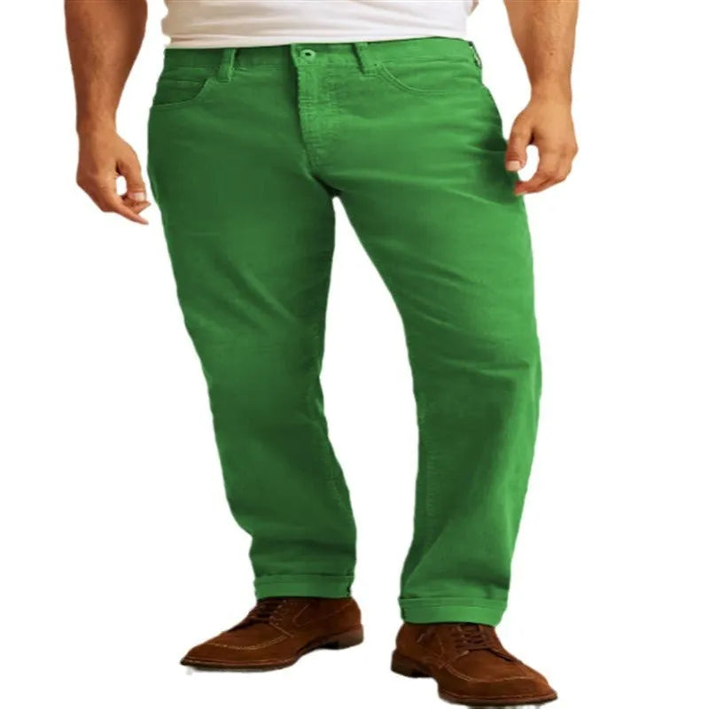 Straight-leg corduroy trousers in a loose casual fit on a mid-waist, shown in army green colour.