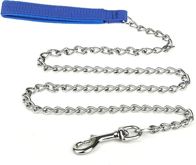 Heavy duty metal dog leash with chew-proof chain and soft blue padded handle.