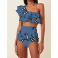 Women's high-waist conservative bikini suit with printed ruffles on oblique shoulders in polyester fabric